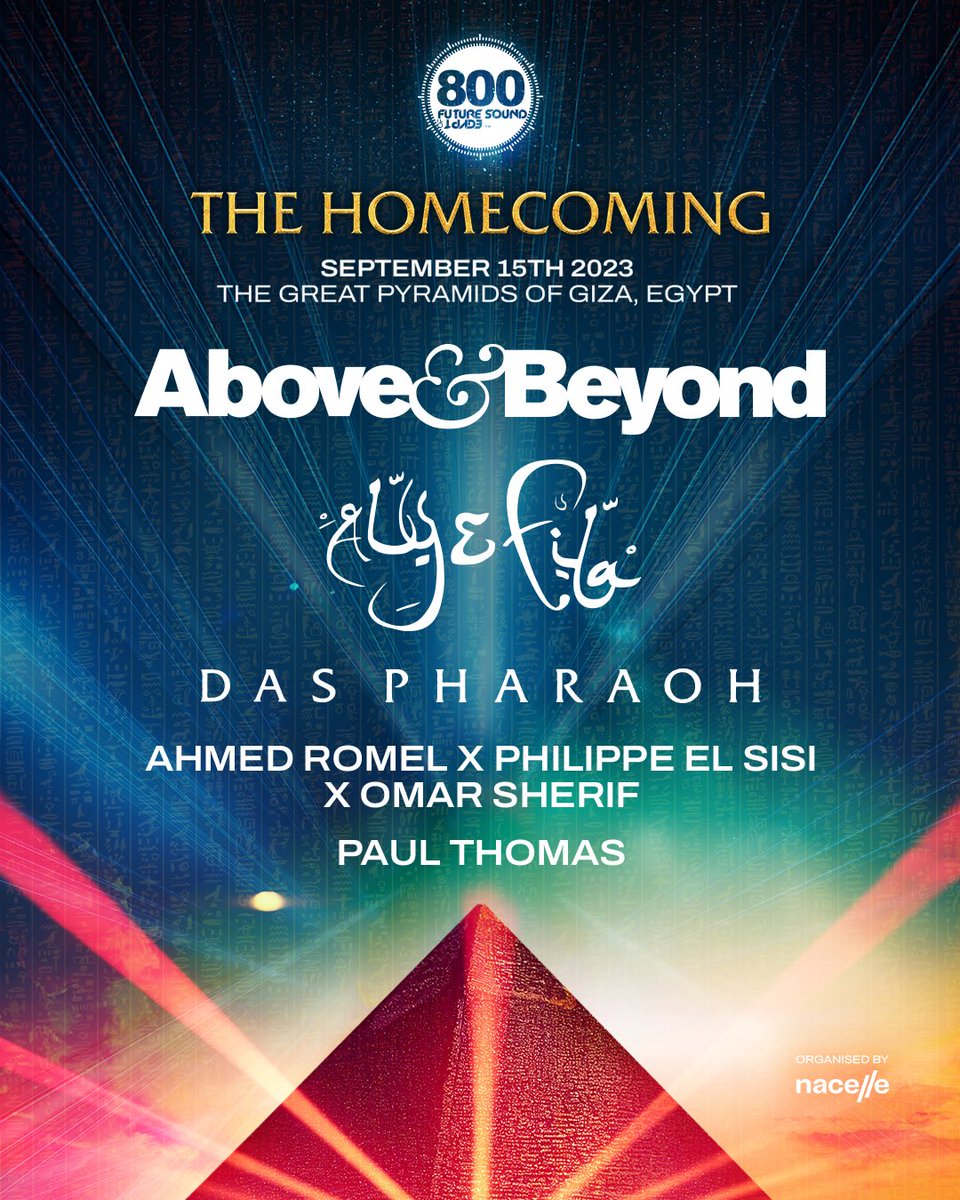 Full line up for FSOE800 - The Homecoming 🇪🇬 @aboveandbeyond (Egypt debut) @alyandfila, Das Pharaoh (Egypt debut), @djpaulthomas and @ahmedromel b2b @philippeelsisi & @djomarsherif Last chance to sign up for early bird tickets. Stand by for on sale date. fsoe.eventlink.to/fsoe800signup