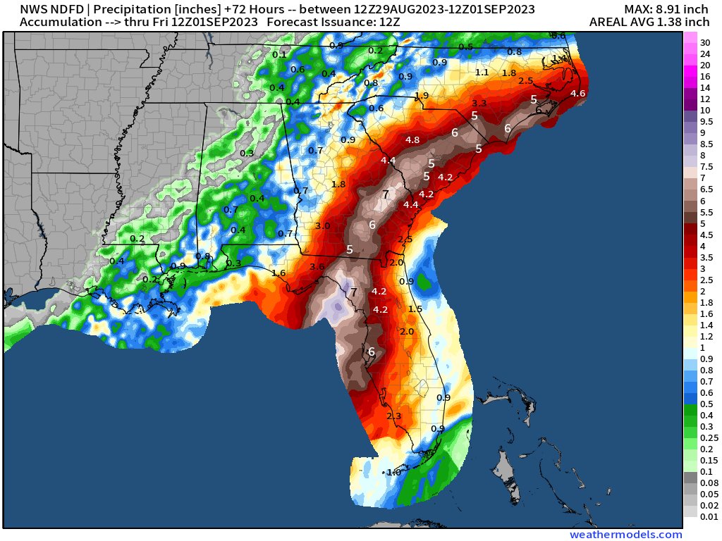 RyanWeather's tweet photo. Hurricane Idalia will be a major rainfall event for the Southeast, adding up to 12-Trillion gallons across Florida, Georgia, South Carolina, and North Carolina.