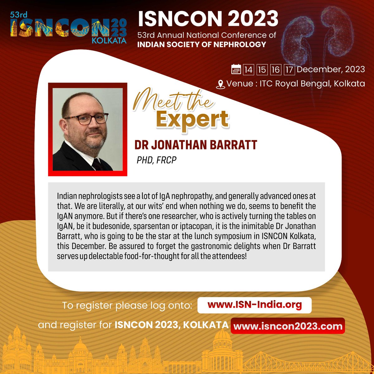isn_india's tweet photo. Dr Jonathan Barratt has IgAN in his name😉, his twitter ID that is, @IgAN_JBarratt and he will be sharing his thoughts on the disease at #ISNCON23 in #Kolkata! 
Register NOW at https://t.co/sE0WA7Yc4W
Visit https://t.co/nq22sxaUzR https://t.co/UaCcARPNHV