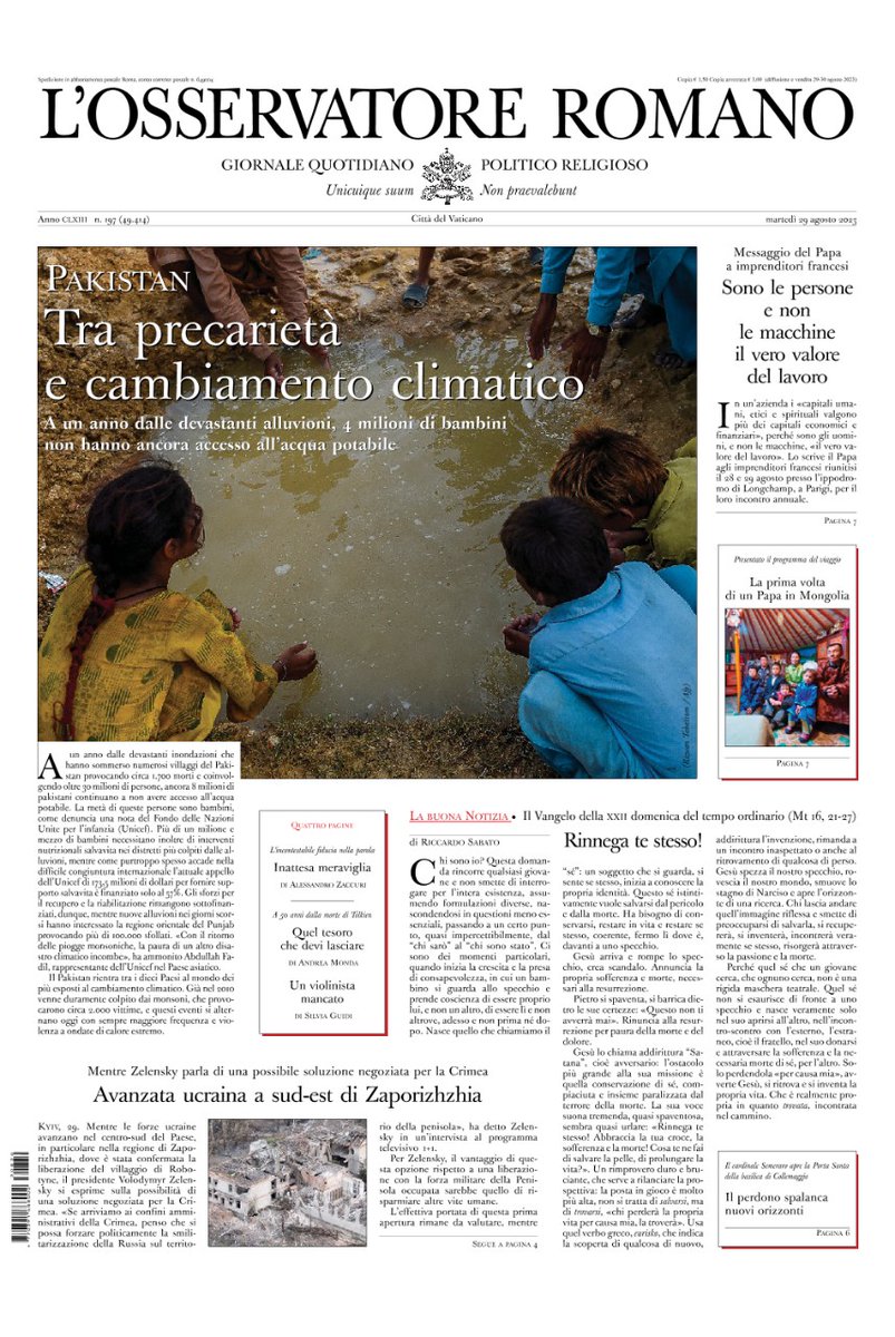 oss_romano's tweet photo. 📰Oggi in #PrimaPagina su L’Osservatore Romano

Pakistan
Tra precarietà e cambiamento climatico

A un anno dalle devastanti alluvioni 4 milioni di bambini non hanno ancora accesso all’acqua potabile

https://t.co/zCZtlo768U https://t.co/j9z602WGqC