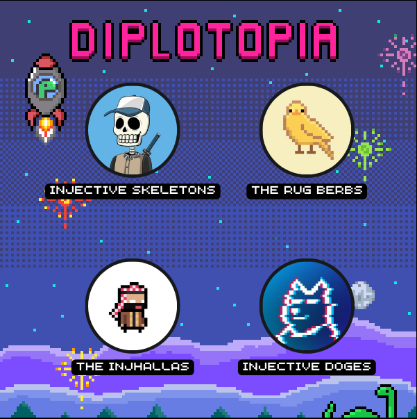 Recently 4 projects joined Diplotopia by using our Tools!

🏆<a href="/InjSkeletons/">Injective Skeletons</a>
🏆<a href="/berbtoken/">BERB 🥷</a>
🏆@theinjhallas
🏆<a href="/InjectiveDoges/">Injective Doges</a>

Let's build Diploland on #Injective together!