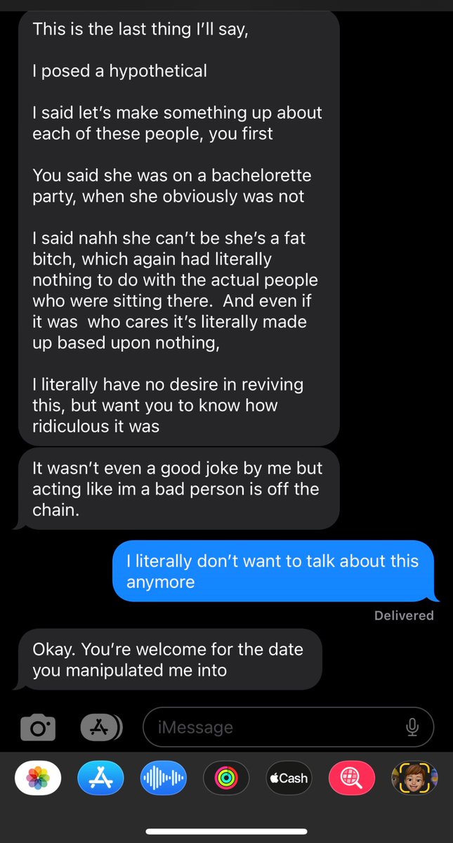 SamanthaSignoff's tweet image. I went on a date where this guy called a random girl at the bar a “fat bitch” and I called him out and he spent the next 45 mins gaslighting me and telling me didn’t say that. Then told him I wasn’t having fun anymore and wanted to go home and he said I was the one with problems