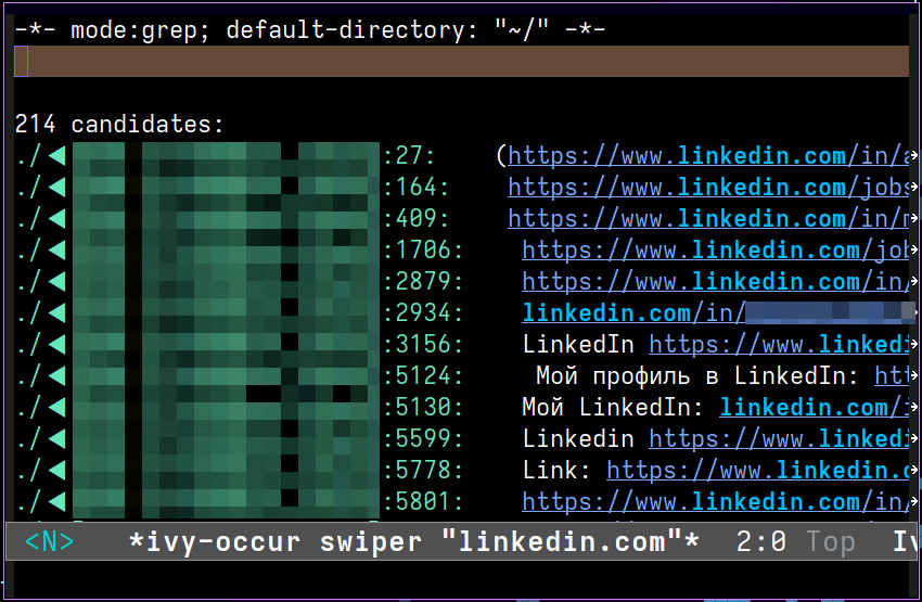 ivorysiegetower's tweet photo. Open local HR's tg-chat in telega.el -> rewind to top->  swipe search for domain -> ivy-occur. Got me a buffer filled with'em profiles. https://t.co/ymlw8IHTjY