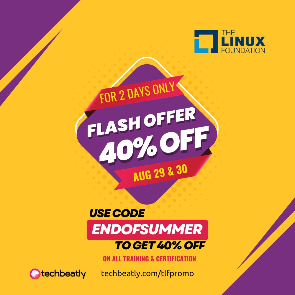 techbeatly's tweet photo. SAVE 40% ON ALL TRAINING &amp; CERTIFICATION #cka #ckad #cks #kcnaTWO DAYS ONLY – August 29 &amp; 30 USE CODE ENDOFSUMMER AT CHECKOUT OFFERS END AUGUST 30  Get it now: https://t.co/RPlsQA6wxj *Offer Ends August 30, 2023  #kubernetes #administrator #devops #containers #linuxfoundation https://t.co/Jz9cry281Q