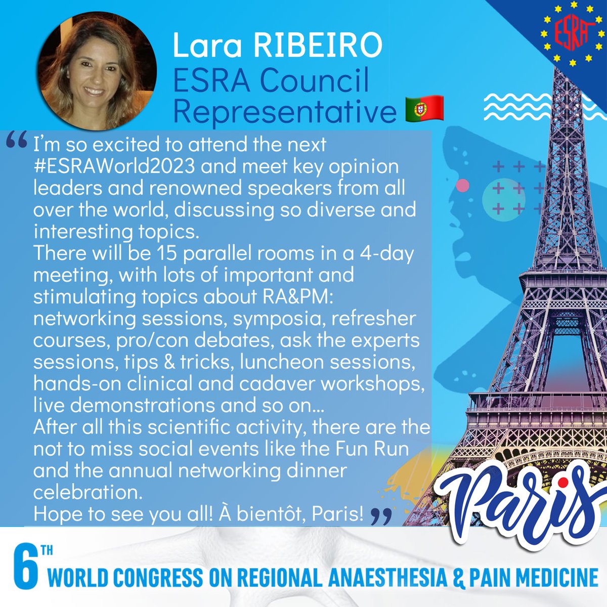 8 days to go! ⏳ Why you should attend the #ESRAworld2023 🇫🇷 by Lara Ribeiro, ESRA Council Representative 👇 esraworld2023.com