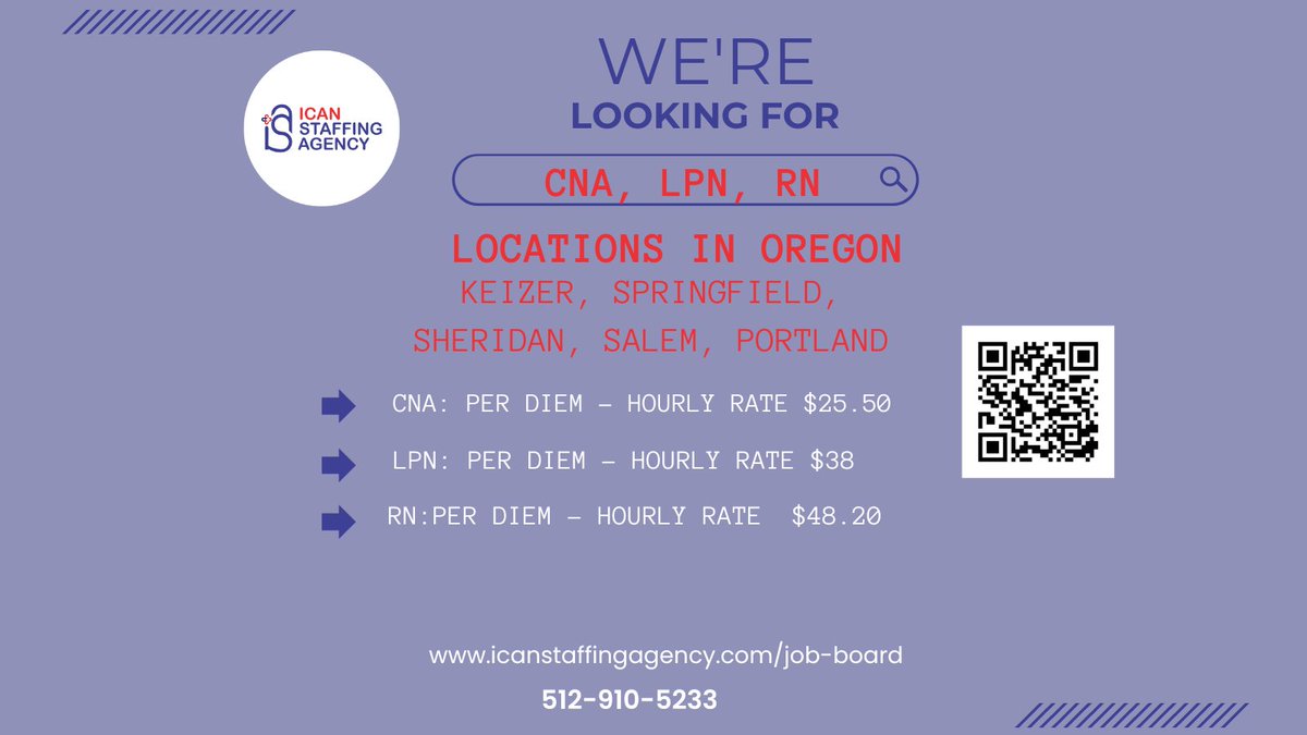 davinaspicy's tweet photo. @icansallc 
iCAN Staffing Agency is looking to hire per diem CNA, LPN, and RN for an assignment in Keizer, Springfield, Sheridan, Salem, and Portland, Oregon!
Click the link below or scan the barcode to apply and follow our page for more open jobs!
https://t.co/Me64NZpt5a https://t.co/GKFr9m14ma