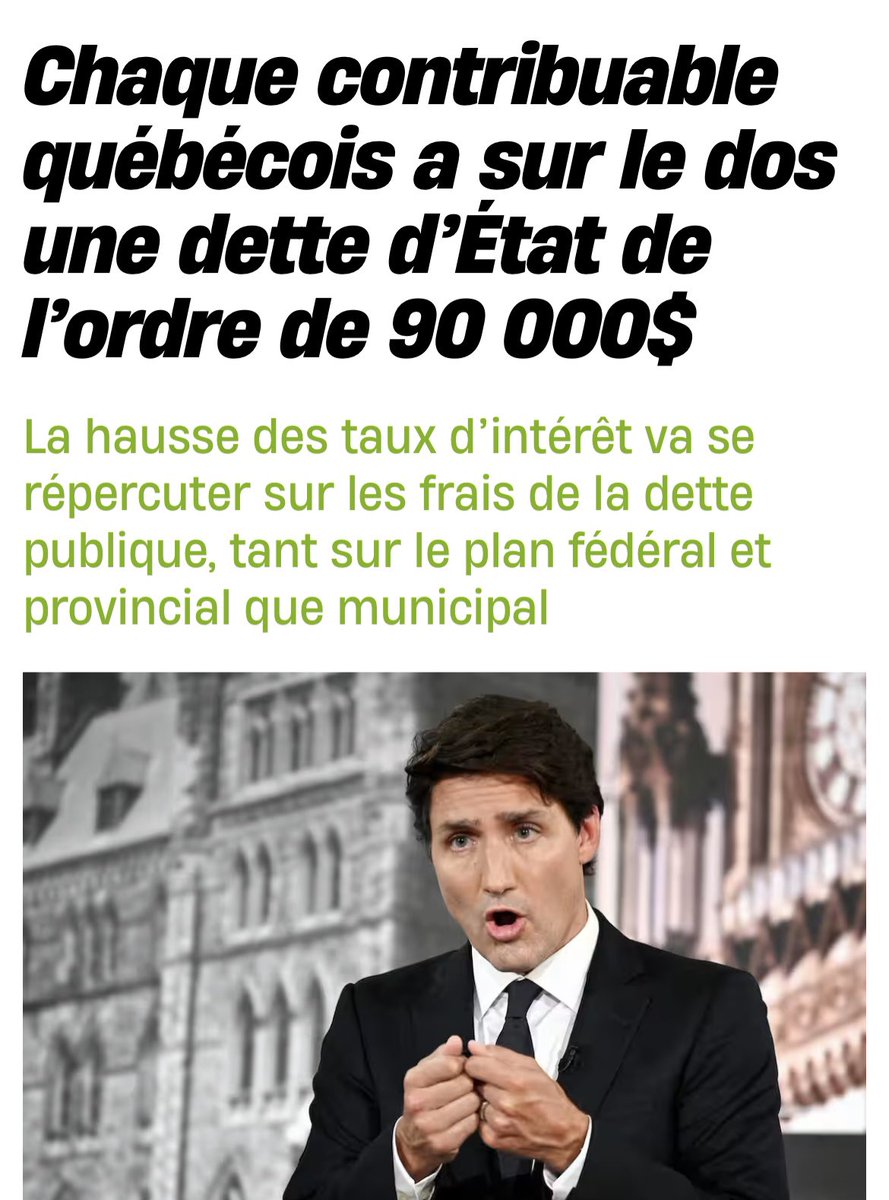 marie_helie's tweet photo. « Payer des frais d’intérêt sur la dette publique ne rapporte rien en matière de services à la population. Cela revient à jeter de l’argent par les fenêtres. »

Les montants des intérêts sur la dette sont obscènes: 90K de dettes pèsent sur chaque canadien.

Il semble que nous avons eu droit à une série de gestionnaires opérant avec la philosophie du « achetez maintenant, payez plus tard ». Pas d’argent? Pas grave! On en imprime, en se foutant éperdument du contrecoup inflationniste; le PM aura sa chambre à 6000$ et ses vacances à 160K (payés par les contribuables), la Gouverneure ses frais de déplacement aussi onéreux que ceux d’un Sheïk arabe, et la Ministre des finances payera ses contraventions de vitesse avec la même peine que si elle s’achetait une boîte de Smarties.

Il me semble que la notion de budget équilibrée n’est pas si difficile à comprendre?! Va-t-on devoir assoir nos Ministres avec un simple citoyen, qu’il leur explique un peu? Mauvaise idée: ils profiteront de cet exercice pour imaginer une nouvelle manière de le taxer.

N’êtes-vous pas tannés de payer pour une bande d’opportunistes crasses qui vous sermonnent sur vos émissions de GES, et qui en même temps, comble du comble, ne font rien de ce qu’ils prêchent? Leurs fonctions difficiles exigent-t-elles à ce point qu’ils aillent se reposer à l’étranger (et s’en vantent)? Mettez-ces fonctionnaires supposément au service du peuple 10 jours à la tâche dans une usine ou un resto: il leur faudra un mois complet pour s’en remettre.

À souhaiter que les québécois donnent leur appui à Poilievre lors des prochaines élections: un homme qui devra faire preuve de courage pour redresser le beau fiasco laissé par un fils à papa lâche et irresponsable. Une chance pour les canadiens d’avoir enfin un vrai PM, un leader avec de la poigne. Un gars qui préfèrera faire ce qu’il faut pour le bien des canadiens à long terme, qui vise à responsabiliser financièrement la gouvernance, tant d’Ottawa que de des Provinces. Le choix pour ceux qui veulent que la juridiction des Provinces soit respectée. Le BLOC n’est qu’une entrave aux intérêts réels des québécois.

https://t.co/gKySeWIOXJ