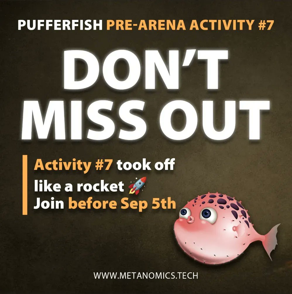 MYMETANOMICS's tweet photo. 🔥 Igniting a storm of excitement! 🐡 Pufferfish Pre-Arena Activity #7 has captured everyone's attention with its electrifying challenges and enticing rewards. 
https://t.co/6JBolEcLBk
⚡️Must complete ALL Discord actions
⚡️Must be a MYMetaShark holder to win
#giveaway #web3 https://t.co/sE0qEf6oBw