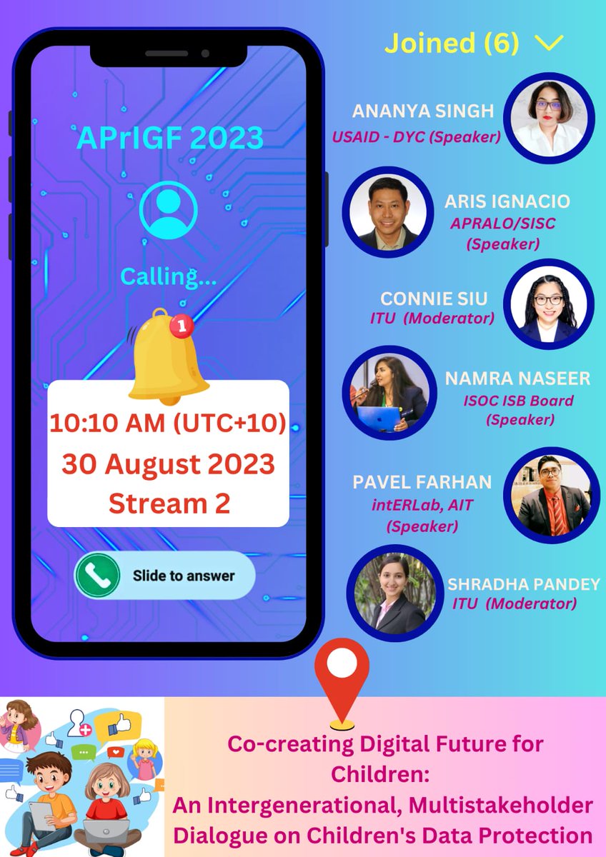 Excited to share that I'll be speaking in a session at the <a href="/aprigf_official/">APrIGF</a> 2023.

Session Title: "Co-creating Digital Future for Children: An Intergenerational, Multistakeholder Dialogue on Children’s Data Protection"

Date | August 30, 2023 
Time | 10:10 AM AEST (UTC +10)