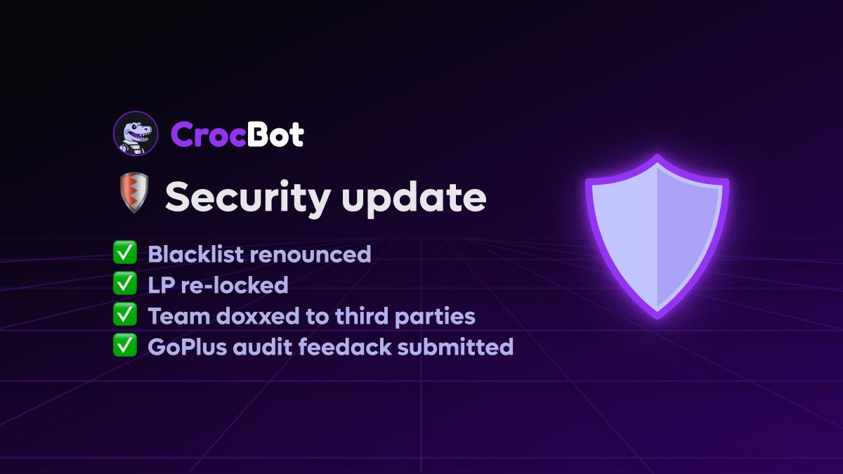 croc_bot_app's tweet photo. 🛡️ $CROC contract security & transparency update

👉 We have taken action to increase transparency and build trust in our community

❌ The blacklist feature has been renounced from our contract
🔒 We have been continuously relocking the LP from the tax fees 
🔎 We have performed a company KYC with trusted third parties such as @adsbycoinzilla or @binance   
➕ We have submitted feedback to @GoPlusSecurity, as most flagged features from their audits are renounced/not active anymore