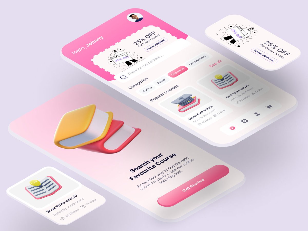 📖 E-learning Platform App UI Design with 3D Mockup. 
➡ Better view: lnkd.in/gG_3u5rd

Get in touch :📩 ashikxql@gmail.com 

#ElearningAppDesign #appui #3D #3Ddesgin #appdesigner #OnlineLearning #UIUXDesign #VisualEngagement #FigmaDesign #ElearningPlatform  #DesignPicko