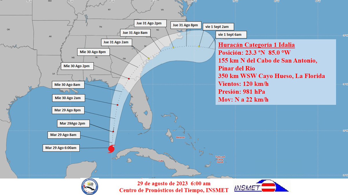 🚨ATENCIÓN🚨
El Centro de Pronósticos del Instituto de Meteorología emitió el Aviso de Ciclón Tropical No 14 donde informa que las bandas de alimentación del Huracán Idalia se mantienen afectando con chubascos, lluvias y tormentas eléctricas a la parte occidental de #Cuba. #UJC
