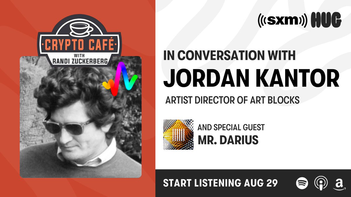 New Crypto Cafe just dropped on <a href="/SIRIUSXM/">SiriusXM</a>!

Geeking out on generative art with none other than Jordan Kantor of <a href="/artblocks_io/">Art Blocks</a>. 

We invited HUG Artist <a href="/mrdariusone/">MR. DARIUS ⚜️</a> to come through with a big question for Jordan too.

Link to listen below 👇