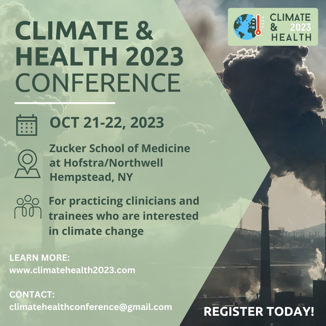 CCHYale's tweet image. Studying the intersection of climate and health? Join us at #climatehealth2023 October 21-22 at Hofstra/Northwell or online to share your research, connect with peers from around the world, and explore practical ways to tackle the urgent public health issue of #climate change.