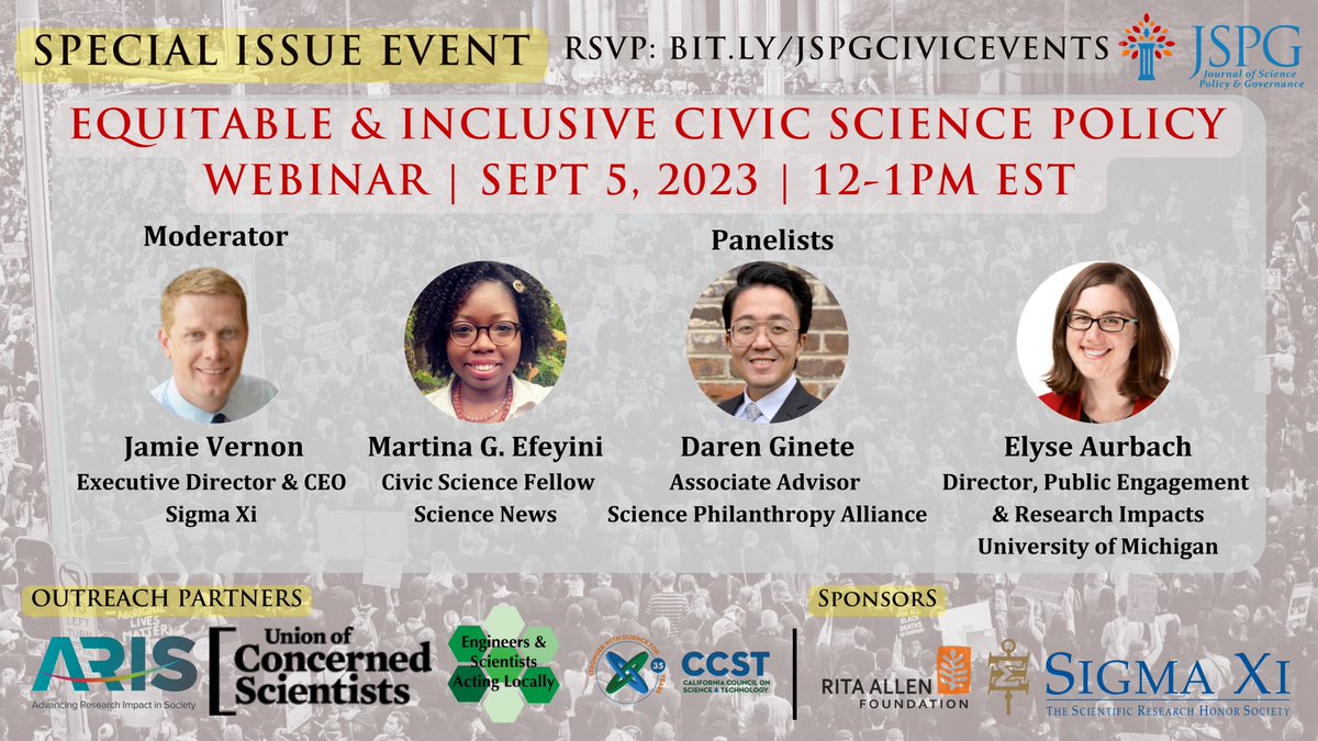 Interested in developing equitable and inclusive #scipol tools for #civicscience? Join us for the second webinar in the series moderated by @SigmaXiCEO on Sept 5 at 12pm ET leading up to the Oct 29 submission deadline. Register: bit.ly/3sznQK4 @mefeyini @ginete_r