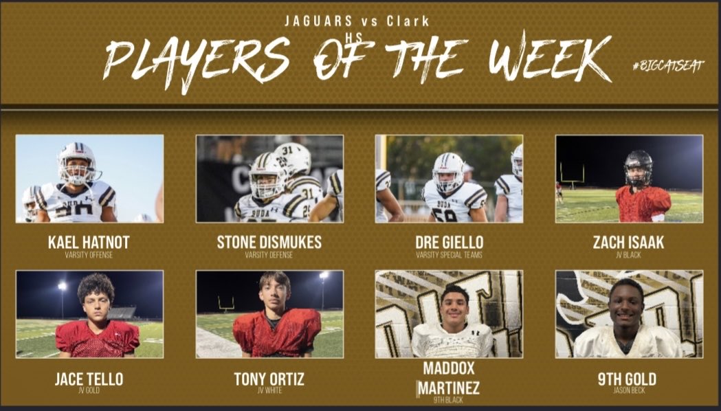 JAGUARS ARE ROLLING INTO WEEK 2. HERE ARE LAST WEEK’s PLAYERS OF THE WEEK! ⁦<a href="/JhsJags/">JHSJags</a>⁩ ⁦<a href="/HaysCISD/">Hays CISD</a>⁩ ⁦<a href="/stevehoffman74/">Steve Hoffman</a>⁩