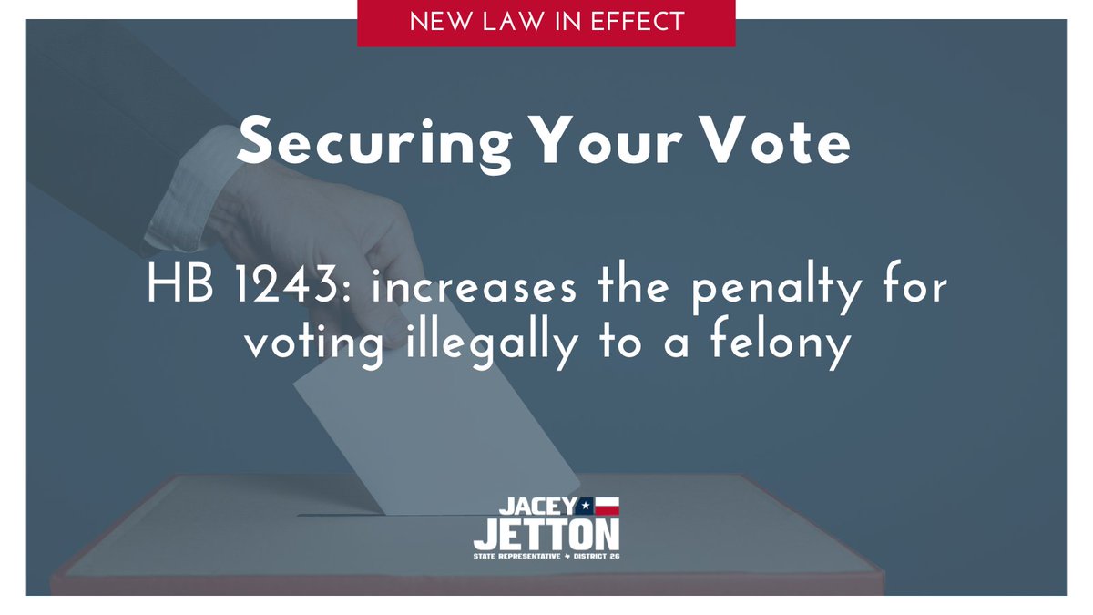 New laws go into effect on Friday! One of these new laws takes a crucial step to further secure our elections: HB 1243 increases the penalty for voting illegally to a felony. This bill has been signed into law and will go into effect on Sept. 1 #easytovote #hardtocheat #txlege