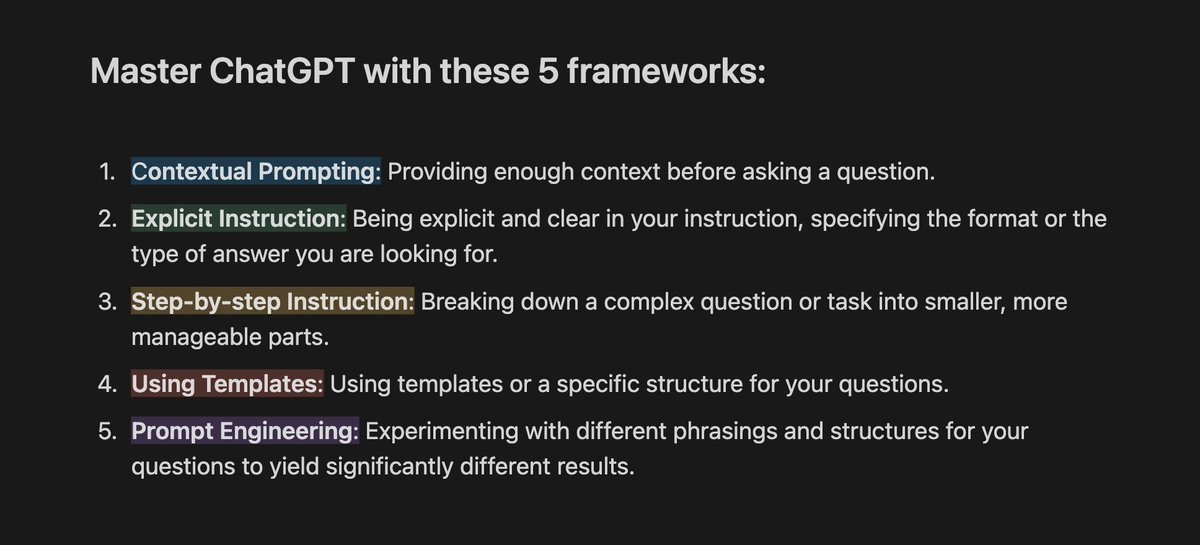 rowancheung's tweet photo. Prediction: AI prompting will be as important as an Excel certification in the future.

Using ChatGPT is not enough, you need to learn the essential frameworks.

Here are 5 you can learn right now to master ChatGPT (a thread): https://t.co/GwoaQjo6mL