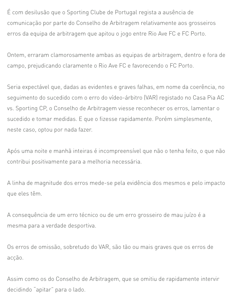 B24PT's tweet photo. Sporting emite comunicado a expressar a "desilusão" pela "ausência de comunicação por parte do Conselho de Arbitragem relativamente aos grosseiros erros da equipa de arbitragem no Rio Ave - Porto". https://t.co/7qJVs9Pw7d