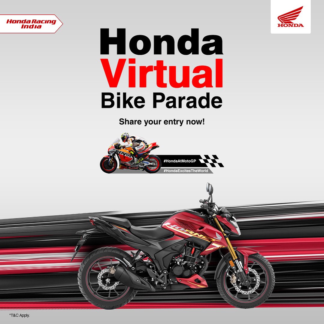 honda2wheelerin's tweet photo. The race is on for MotoGP™️ passes and epic merchandise. Do not stay behind. Participate now in the #HondaVirtualBikeParade
*T&amp;C apply
For complete terms &amp; conditions, click here: https://t.co/xdjmg0Apfs 
#HondaExcitesTheWorld #HondaAtMotoGP https://t.co/Gc4ScnMhy0