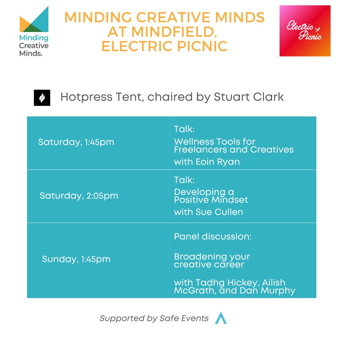 📢Are you going to <a href="/EPfestival/">Electric Picnic</a> ?

Take note of our talks/sessions in the <a href="/hotpress/">Hot Press</a> tent at #MindField 

📢Working or performing <a href="/EPfestival/">Electric Picnic</a>?

Drop by our Crew Village backstage where we'll have counsellors on-hand to support you or you could just chill in a calm environment :)