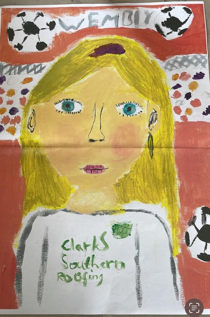 Well done to Lissy from Hailsham United Junior Football Club who painted this lovely self portrait for an art competition. Lissy plays for one of the teams we sponsor and we are proud she has chosen her football kit for her painting! #womensfootball #futurelioness #girlsplaytoo