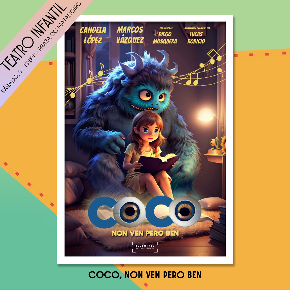 👻 Velaí ven o Coco! Pero non te amoles, que non todos queren asustar... Desfrutade desta obra infantil para a cativada!
--
📍 Praza do Matadoiro
🗓 Sábado, 9 de setembro ás 19:00h