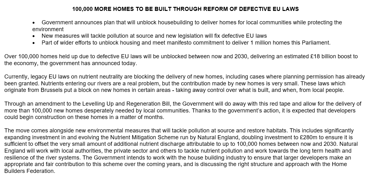 This is the Government Press Release on #NutrientNeutrality. 

It's wrong in so many ways.

Here's a thread of three:
❌ environmental laws don't stop housing 
❌ the #HabitatsRegulations are effective
❌ the new money won't stop the pollution