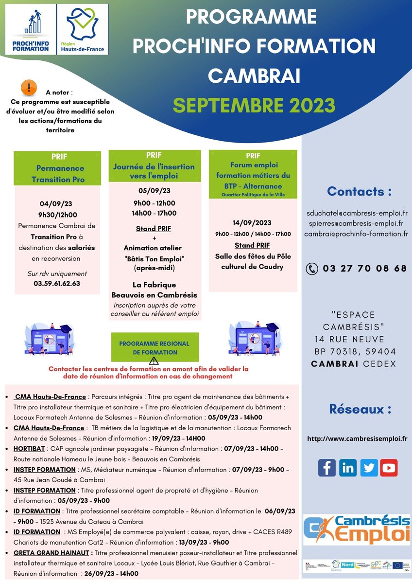 CambresisEmploi's tweet photo. 📅 Programme du Proch'Info Formation de Cambrai

📍 Evènements public Septembre 2023.

#Formation #Emploi #reconvertion #PRIF https://t.co/uEEaZg6FTB