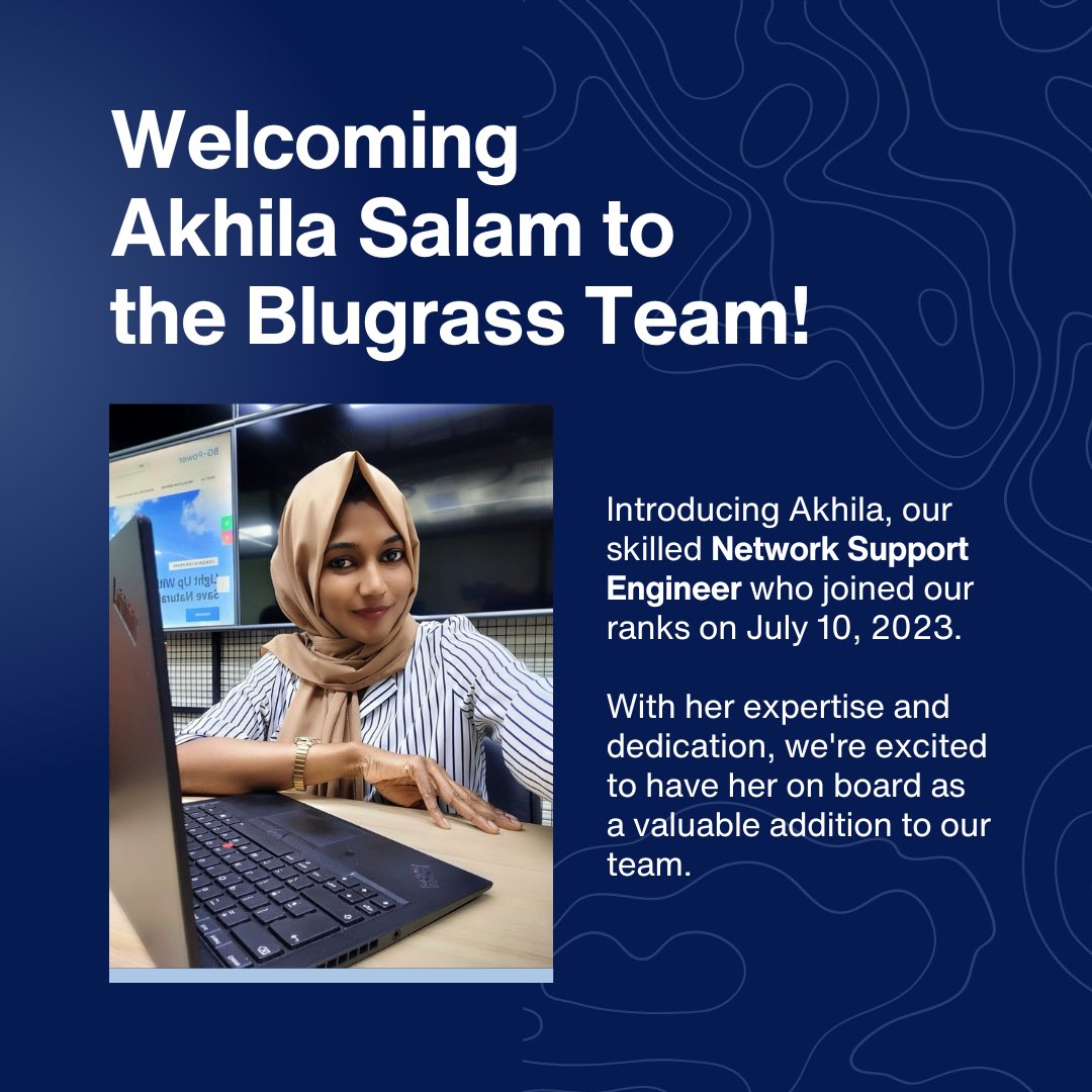 blugrasstech's tweet photo. Please join us in extending a warm welcome to Akhila Salam as she embarks on this exciting new chapter with Blugrass Technologies! 🙌

#newteammember #blugrassteam https://t.co/1oKTtBXqCL
