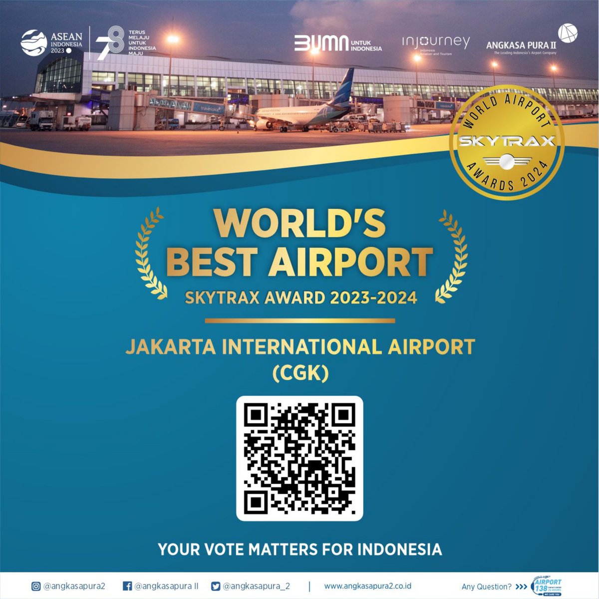AP_Kargo's tweet photo. Hai #InsanAPK! Ayo dukung @soekarnohattaairport menjadi bandara terbaik dalam kategori World’s Best Airport pada ajang Skytrax Award 2023/2024 dengan cara scan barcode pada slide selanjutnya.
#PrideofIndonesia #JakartaInternationalAirport
#CGK #apkargo #angkasapurakargo https://t.co/fdmYsBoWNz