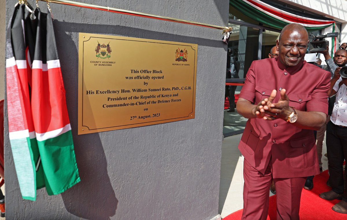 AssemblyBungoma's tweet photo. President of the Republic of Kenya H.E Dr. William Samoei Ruto affirms government's commitment to ensure County Assemblies have financial autonomy in running their affairs.He visited the County Assembly of Bungoma on 27th of August,2023 to commission the new administration block. https://t.co/p82HgOYuzH
