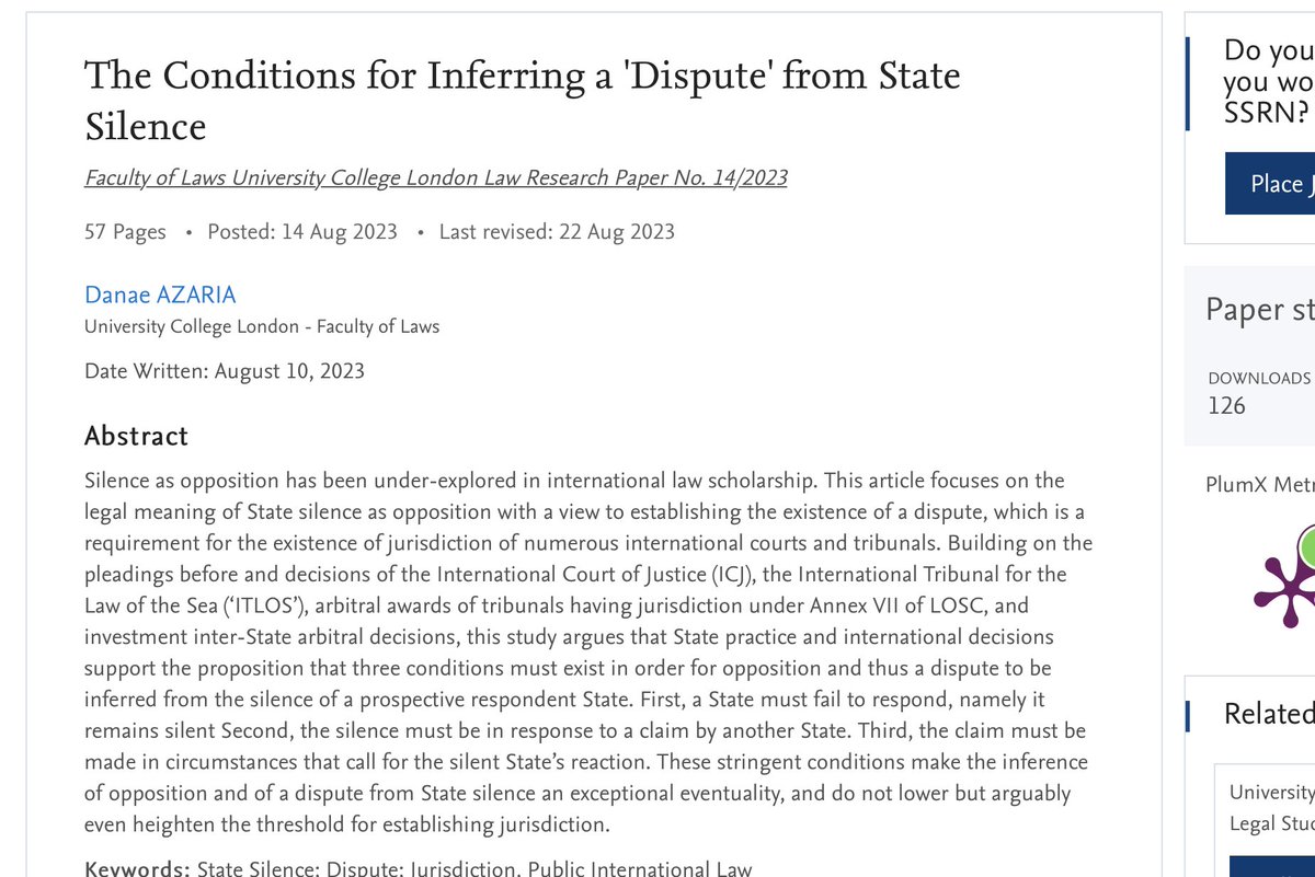 Can <a href="/StateSilence/">StateSilence</a> mean opposition? Yes! Find out under which conditions, and why this is important for international adjudication! papers.ssrn.com/sol3/papers.cf… <a href="/SimonBatifort/">Simon Batifort</a> <a href="/howserob/">Rob Howse</a> <a href="/PatrciaGalvoTe1/">Patricia Galvao Teles</a> @DuncanHollis @philippesands <a href="/UCLLaws/">UCL Faculty of Laws</a> <a href="/Lauterpacht_Ctr/">Lauterpacht Centre for International Law</a>