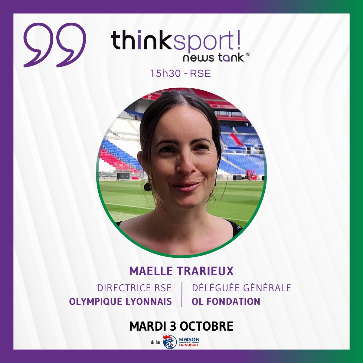 🦁Maëlle Trarieux, directrice RSE de <a href="/OL/">Olympique Lyonnais</a> et déléguée générale @OLfondation, sera avec nous à Think Sport !

📅Mardi 3 octobre
📍Maison du Hand, Créteil (94)
🕰️15h30 - RSE
🎟️Places disponibles ➡️football.newstank.eu/thinksport2023…