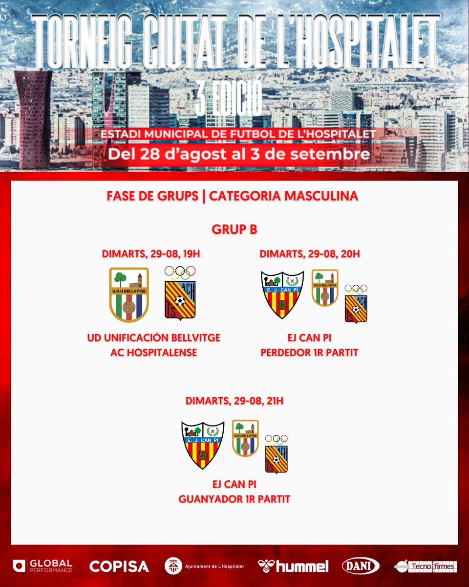 [DIA DE PARTITS]

🏆 #TCLH23
📊 Masculí | Grup B
🕖19h. <a href="/UniBellvitge/">U.D. Unificación Bellvitge</a> - @HospitalenseAtc
🕗20h. <a href="/EJCanPi/">EJ CanPi ®</a> - Perdedor
🕘21 h. <a href="/EJCanPi/">EJ CanPi ®</a> - Guanyador
🏟 Estadi Municipal de L'H

#TCLH #FutbolLH