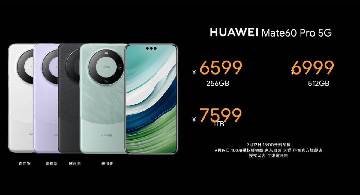 #Huawei - Huawei Mate 60 Pro first phone comes with triple hole

Kirin 9000s
6.82" 120Hz LTP OLED FHD+ display
13MP UW+3D (front)
50MP+12MP UW+48MP telephoto (rear)
5000mAh battery 
88W wired charger + 50W wireless + 20W reverse  

256GB- 6599 CNY

#HuaweiMate60Pro #HuaweiMate60