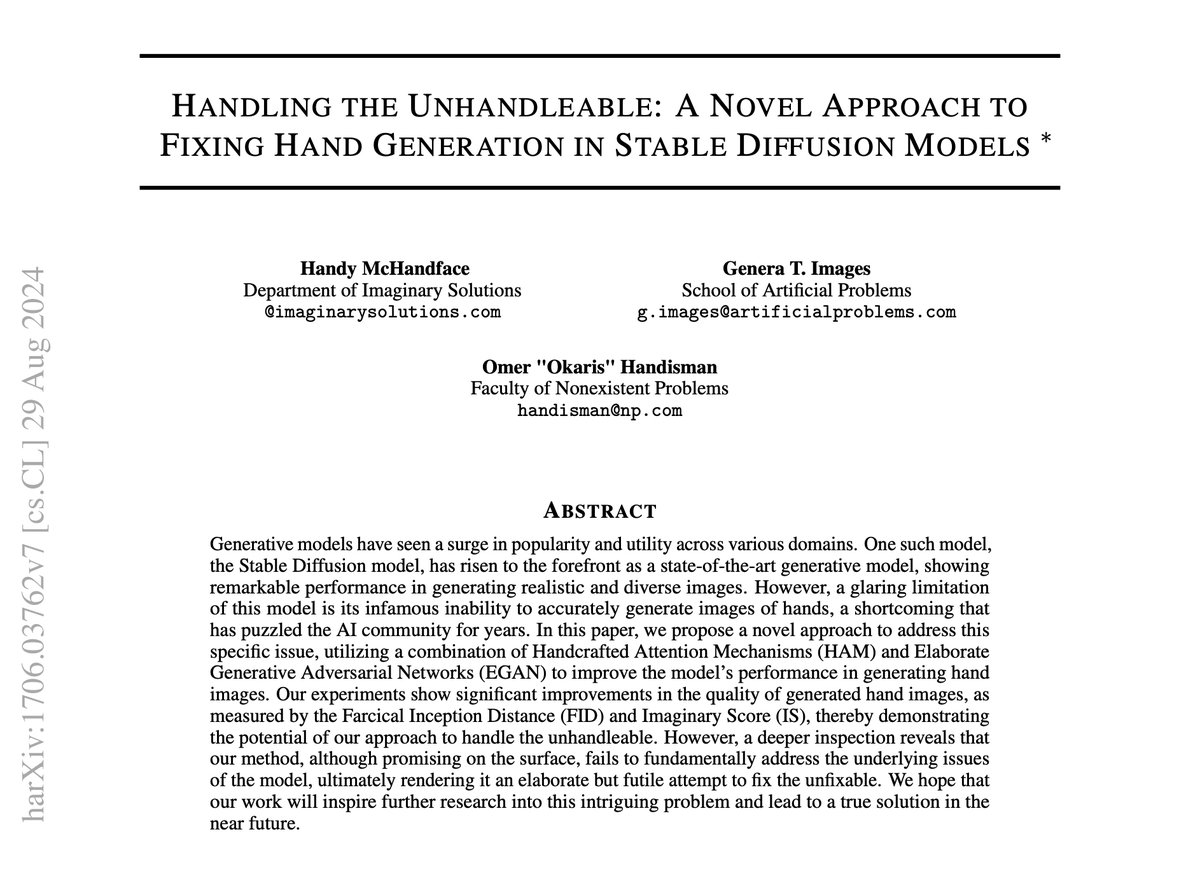 ✋HAND BRAKING NEWS✋: Check out our latest paper 

'Handling the Unhandleable: A Novel Approach to Fixing Hand Generation in Stable Diffusion Models' 
#AI #GenerativeModels #FixingTheUnfixable