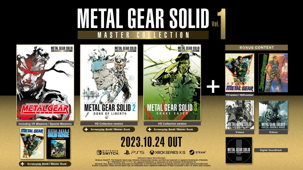 NintendoVision's tweet image. Le 24 octobre sera disponible Metal Gear Solid Master Collection Vol.1 en édition physique sur #Switch.

Elle inclura 3 Pistes additionnelles pour la Bande-Son Numérique, avec de nouveaux enregistrements orchestraux exclusivement pour la Collection !

#MetalGearSolid
