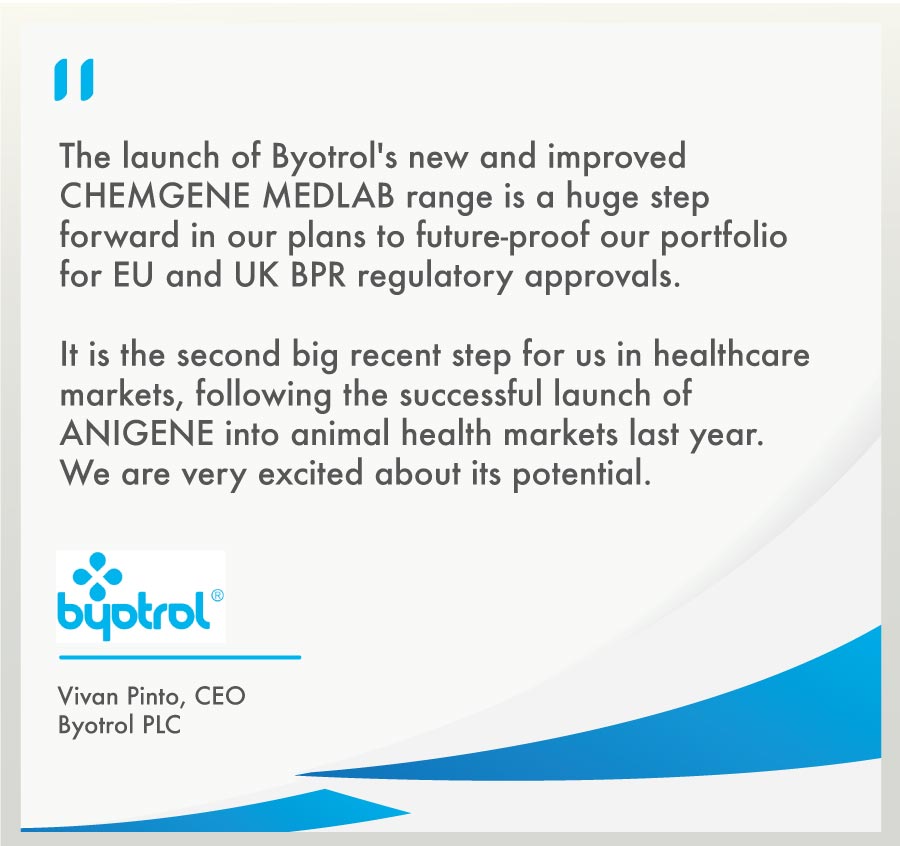 byotrol's tweet photo. Delighted with launch into human healthcare of our next-gen surface disinfection chemistry CHEMGENE MEDLAB. The new formulation designed for broad-spectrum efficacy, low toxicity &amp; regulatory approval across UK/EU under stringent biocidal regulations #BYOT
https://t.co/1LgjqO6vbA https://t.co/rVyw8tKvvR