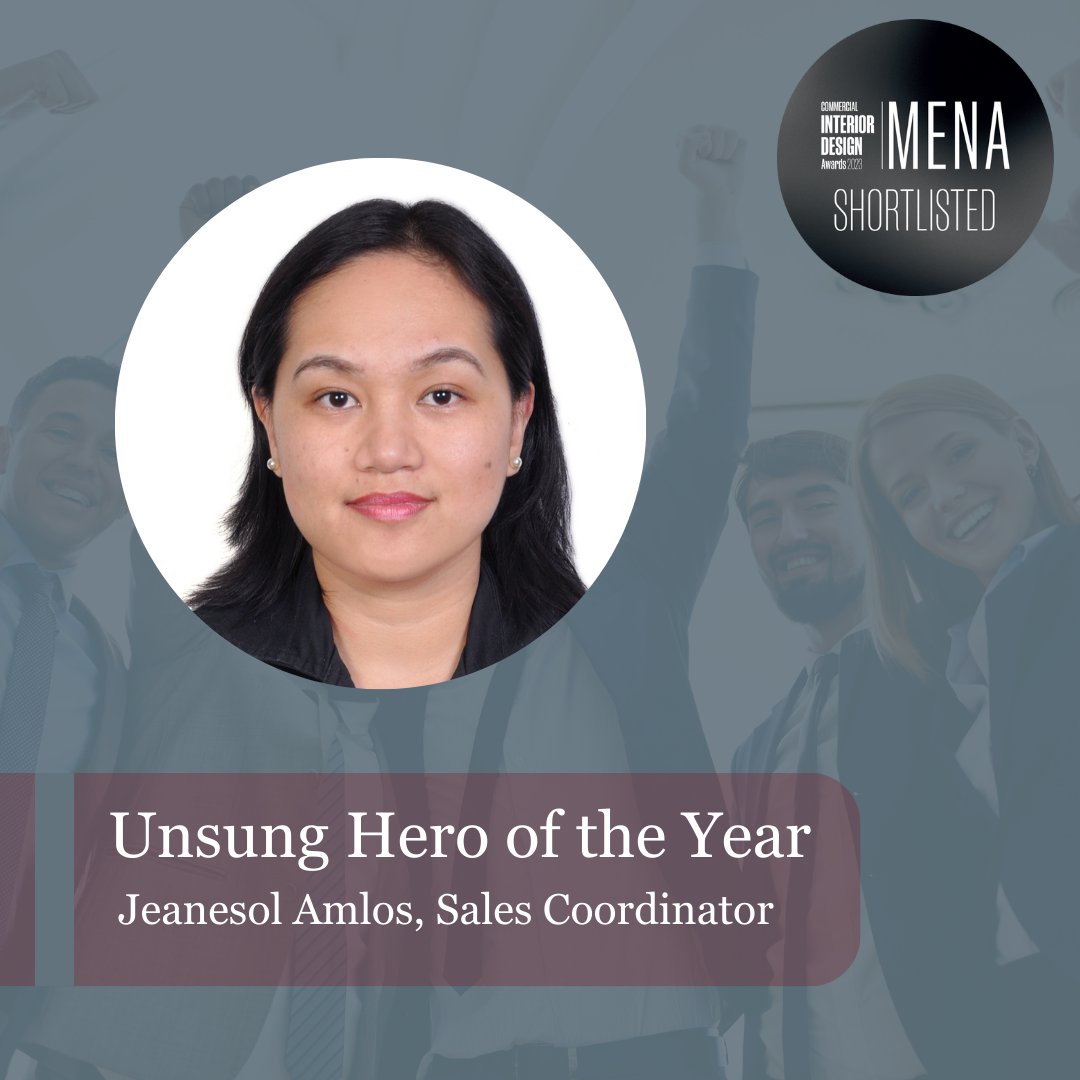 🎉 Exciting News! 🎉 

We're thrilled to shine the spotlight on one of our exceptional team members Jeanesol Amlos, who is nominated for the Unsung Hero Award at this years <a href="/comm_int_design/">Commercial Interior Design</a>  Awards.

#EmployeeSpotlight #TeamAppreciation #ExceptionalEfforts #CIDAwards