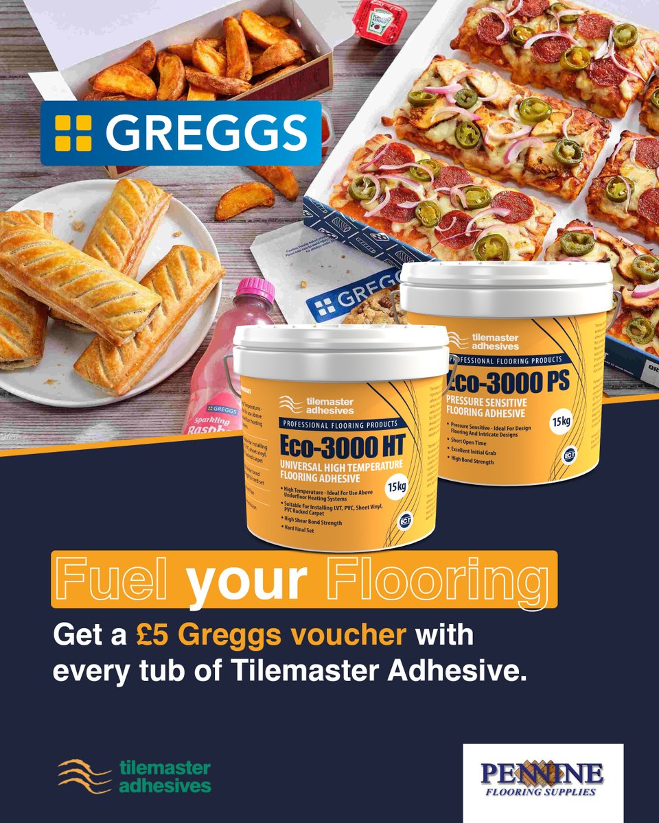 flooringpennine's tweet image. We&apos;ve got dinner covered! 🥪🍕🍰

Get a £5 Greggs voucher for EVERY tub of Tilemaster Adhesive.

Applicable on collections only. Available at Heywood, Chester and Carlisle from Tuesday 29th August to Tueday 19th September.

#tilemaster #tilemasteradhesive #flooring #lvt
