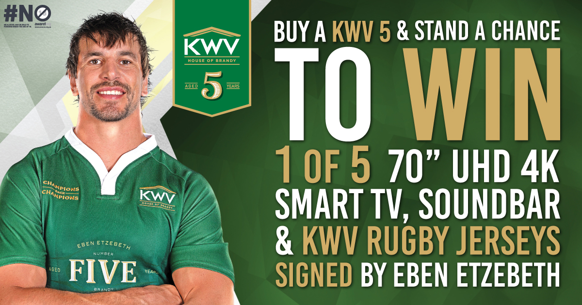 SARugbymag's tweet photo. It's time to kick off the excitement of the Rugby World Cup and watch the action unfold like never before. Catch the Game with Rugby Champion Eben Etzebeth and KWV 5.

Simply buy KWV 5 to stand a chance to win one of five Samsung 70" UHD 4K TVs, A Soundbar and a KWV Rugby Jersey signed by @EbenEtzebeth.

Visit https://t.co/r3sGLS7LIA for more information and terms and conditions.
  
Learn more: https://t.co/2FyAZ24RVa
 
@kwvbrandy #KWVBrandy #ChampionsBackChampions