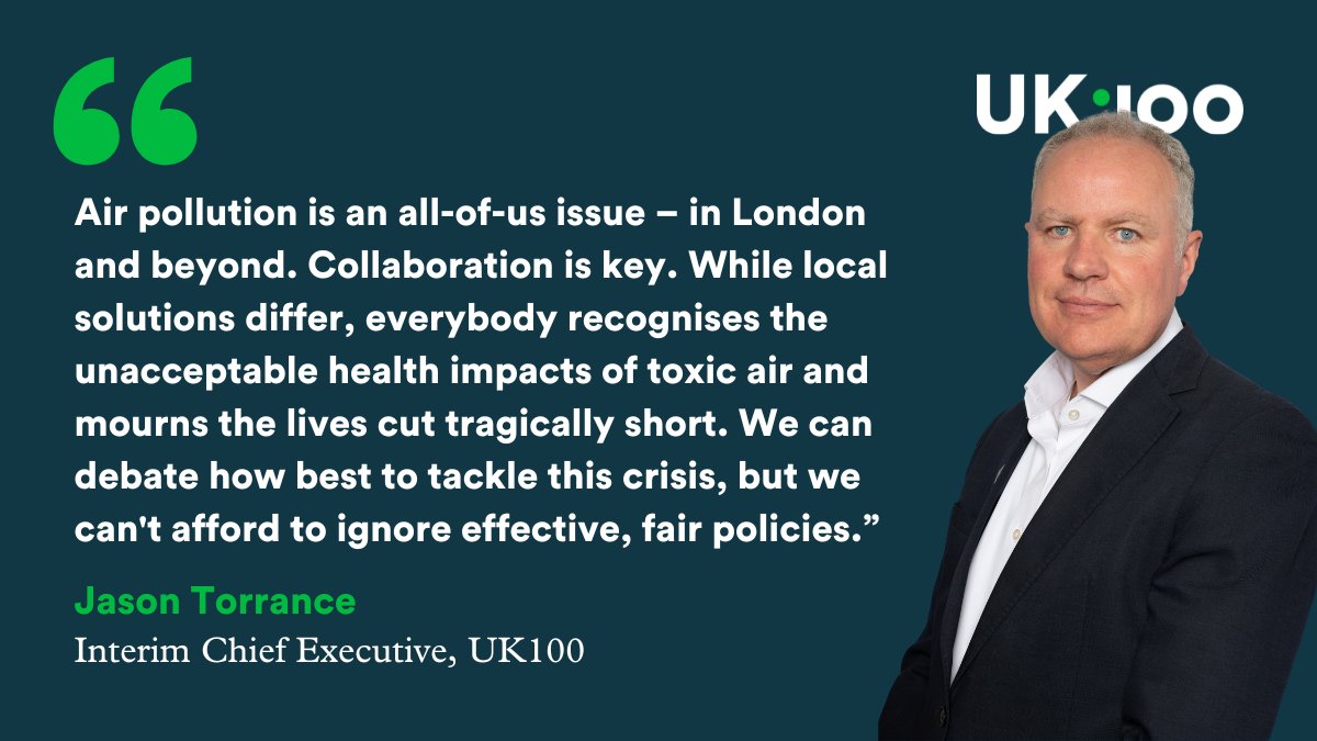 🫁 UK100's Interim Chief Executive <a href="/jasontorrance/">Jason Torrance</a> responds to #ULEZExpansion 👇

"London's air pollution crisis demands urgent action. As the Ultra Low Emission Zone expands across our capital, we reaffirm our support for this ambitious policy to clean up the air we breathe."