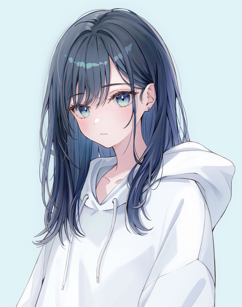 1girl solo hood long hair black hair hoodie simple background  illustration images