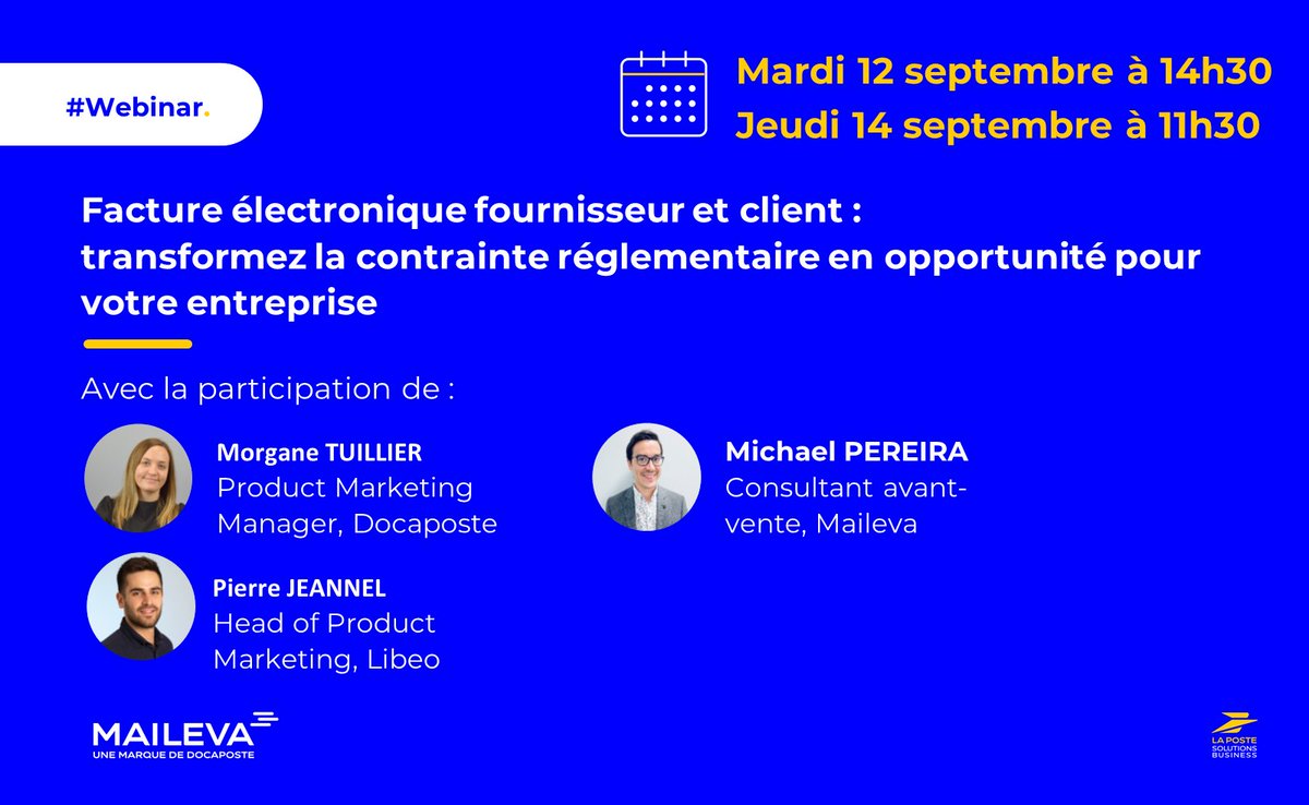 Maileva_com's tweet photo. #webinar | Facture électronique : transformez la contrainte réglementaire en opportunité pour votre entreprise
👉 Webinaire facture fournisseur mardi 12 sept à 14h30 : https://t.co/L75s67nIWN
👉 Webinaire facture client jeudi 14 sept à 11h30 : https://t.co/3Gy5LwOppR https://t.co/sP6CFpI3JR