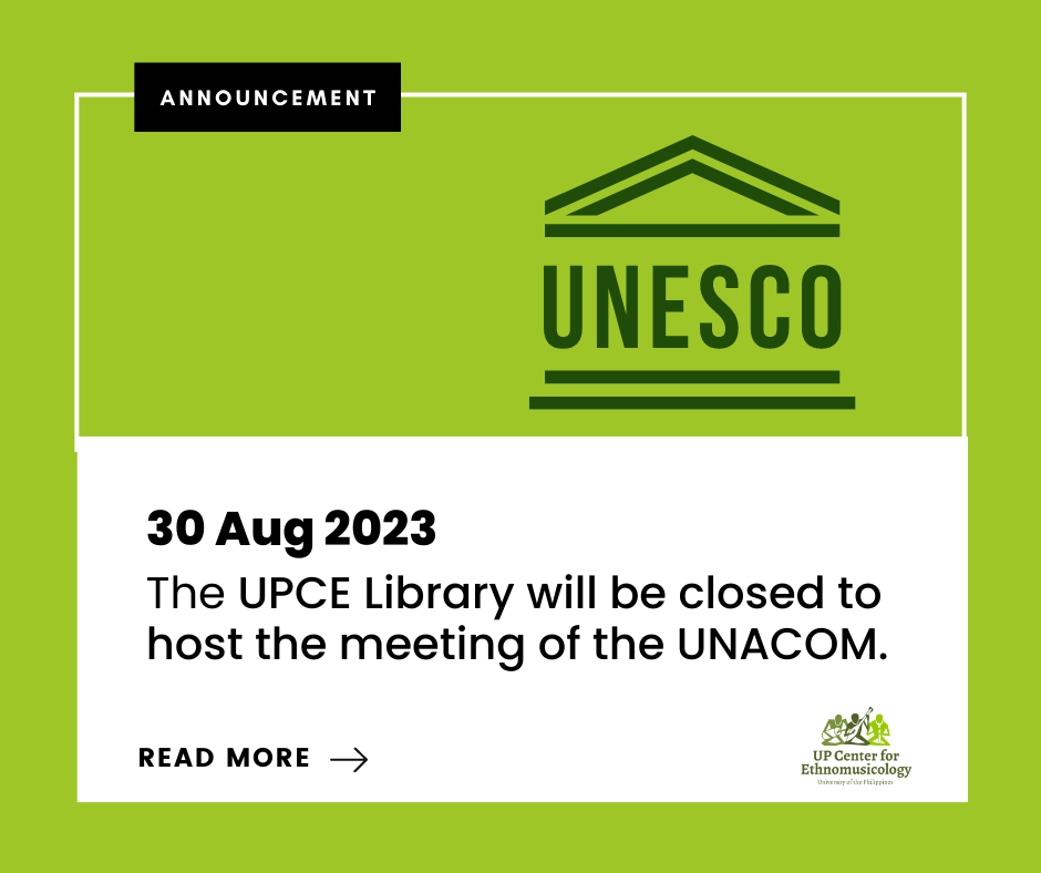 UPEthnoM's tweet photo. 30 August 2023

The UPCE Library will be closed to host the meeting of the Philippine National Commission for UNESCO (UNACOM).

Please plan your research accordingly. https://t.co/jbEt2UfPzI