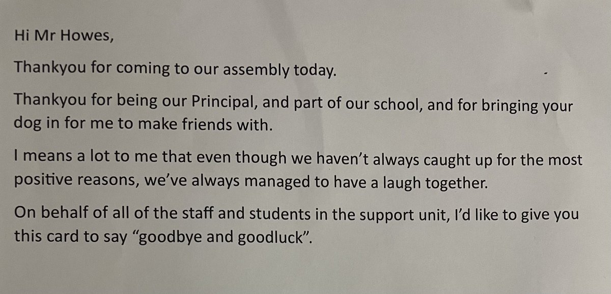 Being a principal is the best job in the world. Today I received a farewell from the students at the Murwillumbah Learning Community High School. What a privilege to have been part of their lives. Sad to say goodbye 🥹