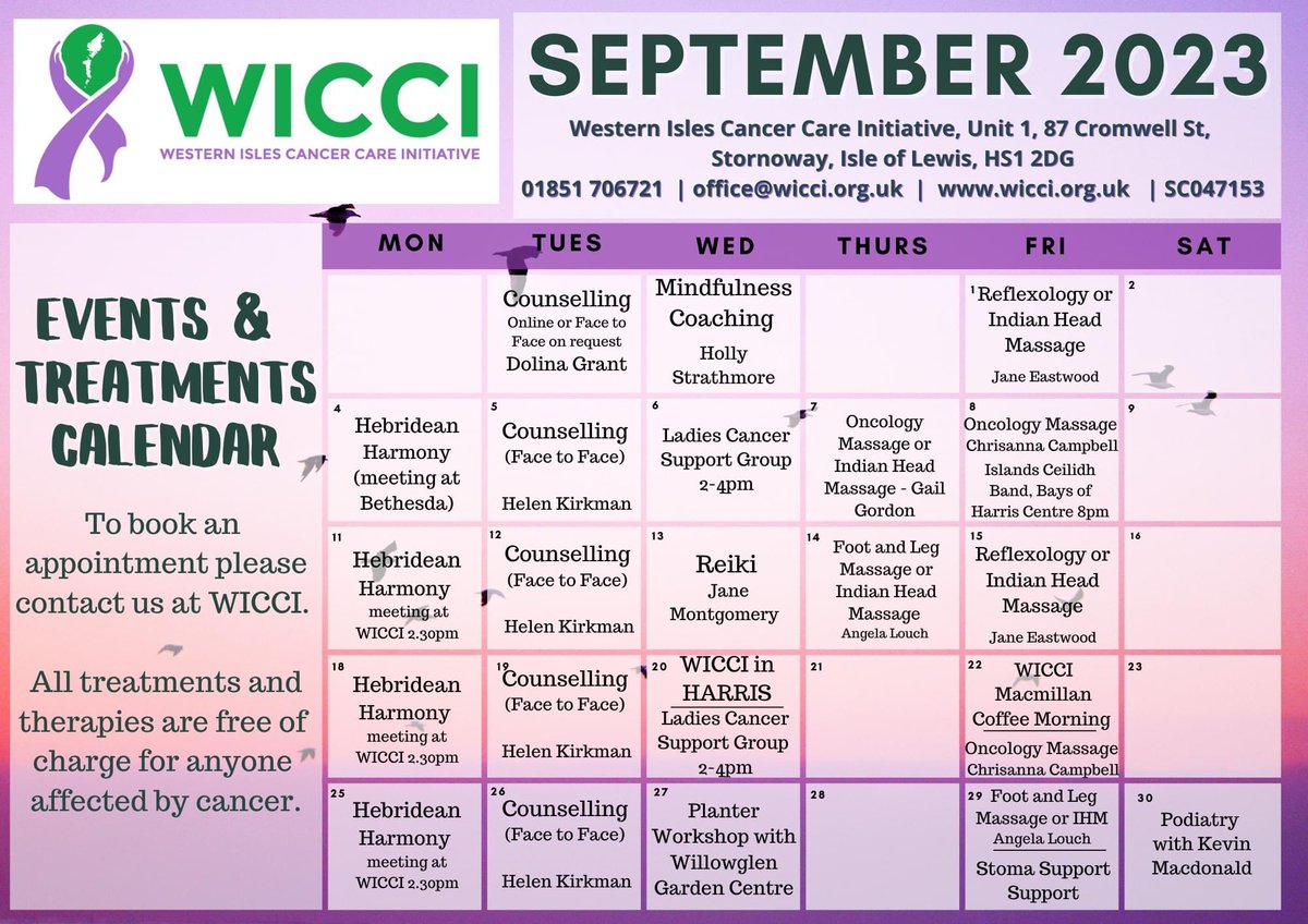 wiccioffice's tweet photo. Here is our September Calendar of Treatments and Events!

It's a busy month with lots available. Get in touch if you would like to find out more about anything we are offering &amp; to book your FREE appointment, we'd love to see you!

📞01851 701617
💻office@wicci.org
📧message us https://t.co/EfR1jfOYik