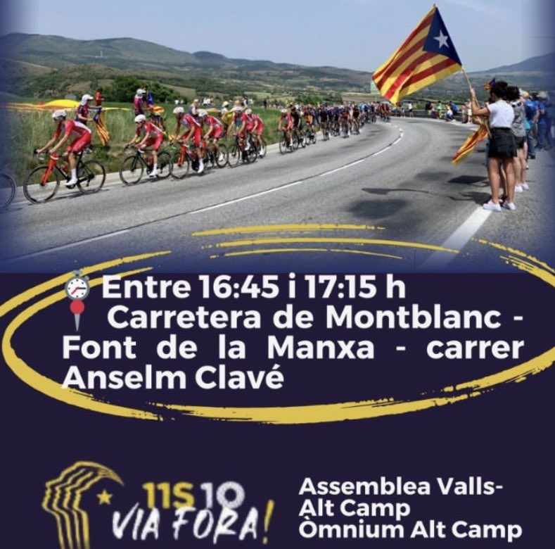 Avui la Vuelta passa per a Valls:

⏱️ Entre 16:45 i 17:15 h

📍 Carretera de Montblanc - Font de la Manxa - carrer Anselm Clavé

Porta-hi la teva estelada, pancarta o samarreta perquè es visualitzi l’objectiu independència! 

#ViaFora