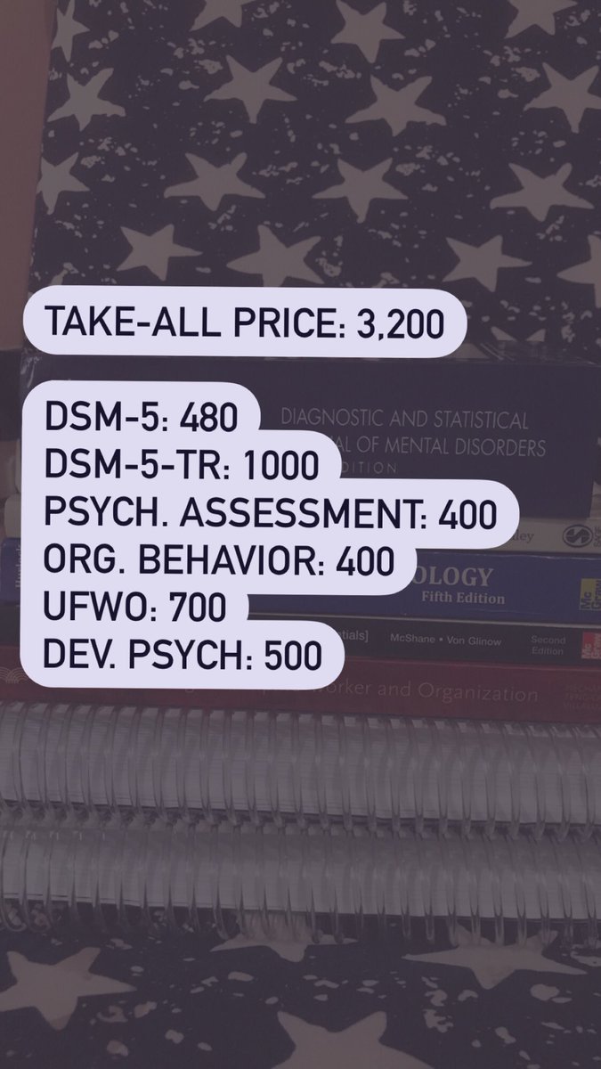 Putting my used books for sale! #BLEPP2024 #rpmtwt #psychtwt

DSM-5
DSM-5-TR, Vol. I &amp; II
An Intro to Psych. Assessment &amp; Psychometrics
Organizational Behavior [Essentials]
Understanding the Filipino Worker &amp; Organization - Hechanova
Dev. Psych. - Hurlock

PM for Q’s and deets😊